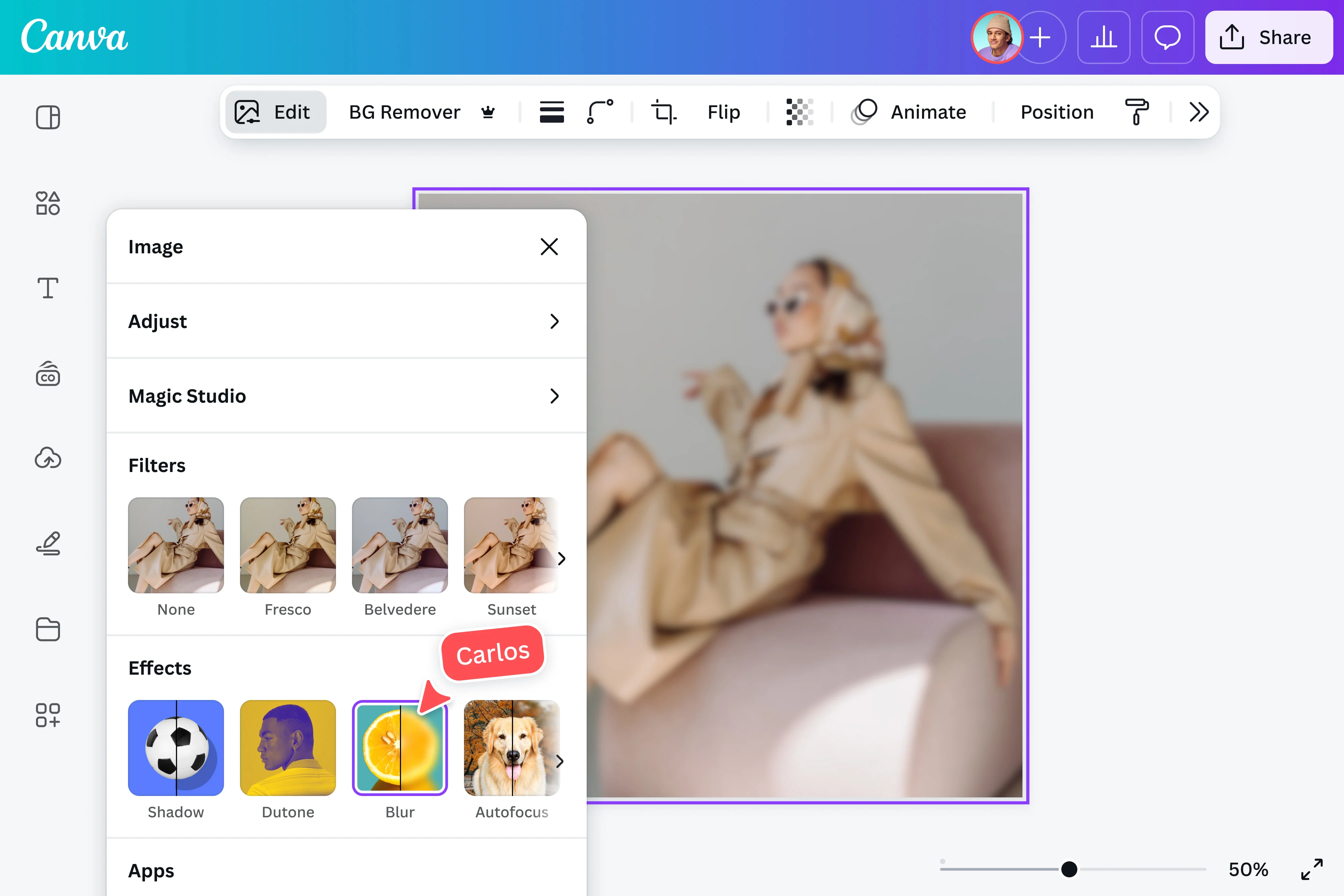 Canva native blur tool screenshot